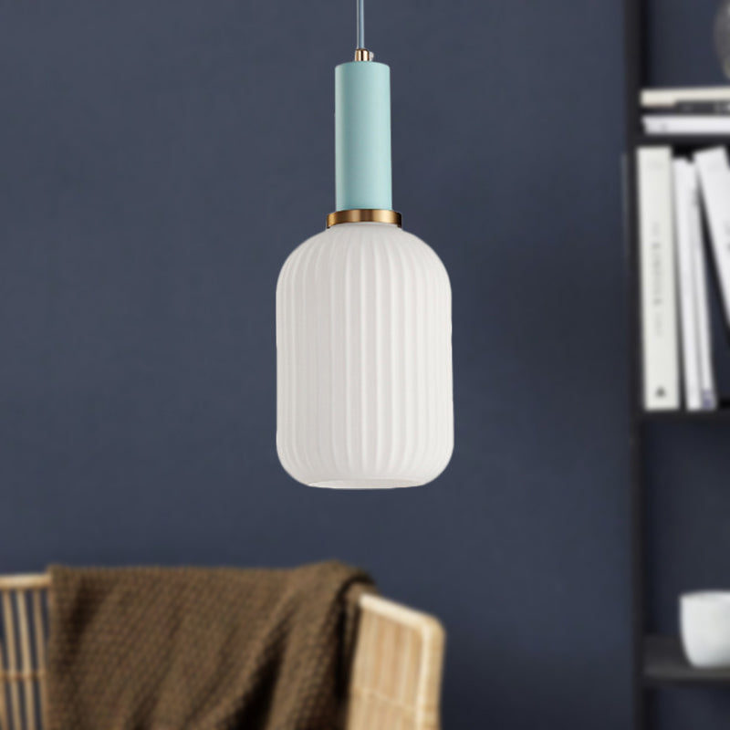 1 Head Dining Room Pendant Light Macaron Black/Pink/Blue Hanging Lamp with Cylinder/Oval/Drum White Glass Shade, 5"/8"/12" Wide Clearhalo 'Ceiling Lights' 'Glass shade' 'Glass' 'Modern Pendants' 'Modern' 'Pendant Lights' 'Pendants' Lighting' 289679