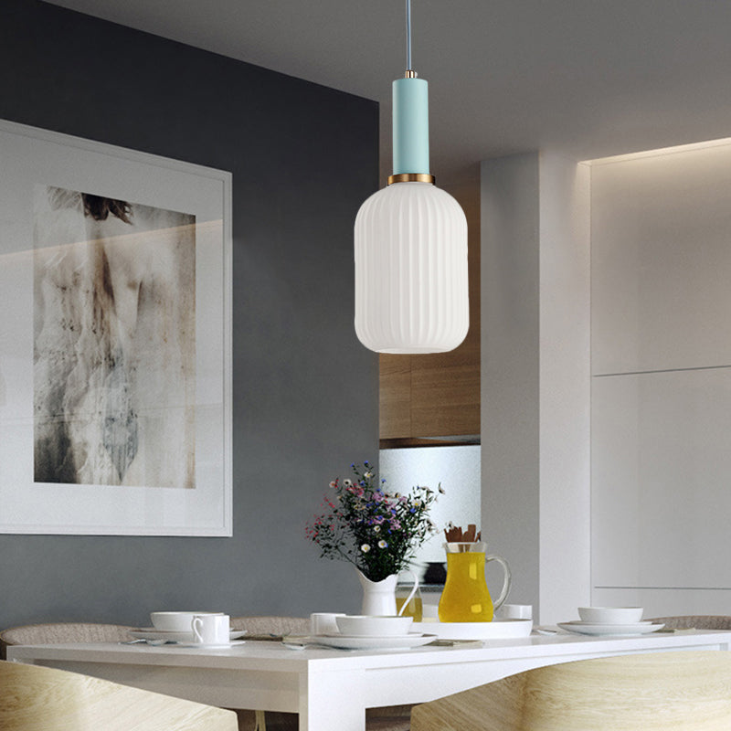 1 Head Dining Room Pendant Light Macaron Black/Pink/Blue Hanging Lamp with Cylinder/Oval/Drum White Glass Shade, 5"/8"/12" Wide Clearhalo 'Ceiling Lights' 'Glass shade' 'Glass' 'Modern Pendants' 'Modern' 'Pendant Lights' 'Pendants' Lighting' 289680