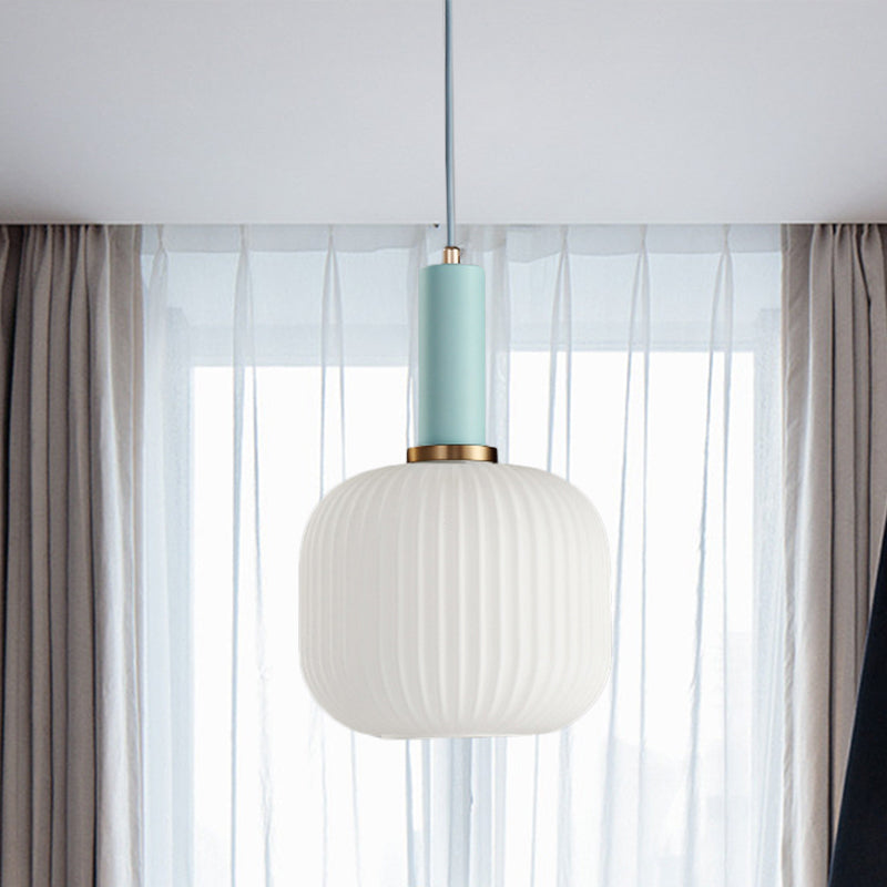 1 Head Dining Room Pendant Light Macaron Black/Pink/Blue Hanging Lamp with Cylinder/Oval/Drum White Glass Shade, 5"/8"/12" Wide Blue 8" Clearhalo 'Ceiling Lights' 'Glass shade' 'Glass' 'Modern Pendants' 'Modern' 'Pendant Lights' 'Pendants' Lighting' 289683