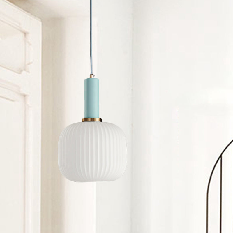 1 Head Dining Room Pendant Light Macaron Black/Pink/Blue Hanging Lamp with Cylinder/Oval/Drum White Glass Shade, 5"/8"/12" Wide Clearhalo 'Ceiling Lights' 'Glass shade' 'Glass' 'Modern Pendants' 'Modern' 'Pendant Lights' 'Pendants' Lighting' 289684