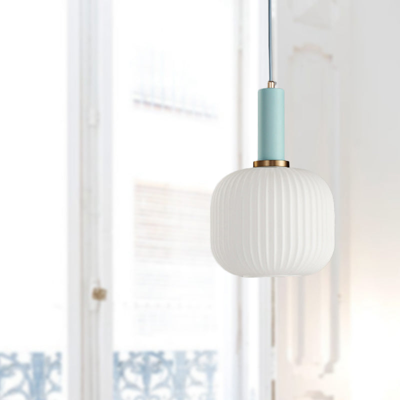 1 Head Dining Room Pendant Light Macaron Black/Pink/Blue Hanging Lamp with Cylinder/Oval/Drum White Glass Shade, 5"/8"/12" Wide Clearhalo 'Ceiling Lights' 'Glass shade' 'Glass' 'Modern Pendants' 'Modern' 'Pendant Lights' 'Pendants' Lighting' 289685