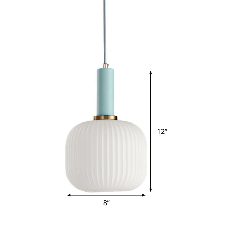 1 Head Dining Room Pendant Light Macaron Black/Pink/Blue Hanging Lamp with Cylinder/Oval/Drum White Glass Shade, 5"/8"/12" Wide Clearhalo 'Ceiling Lights' 'Glass shade' 'Glass' 'Modern Pendants' 'Modern' 'Pendant Lights' 'Pendants' Lighting' 289688