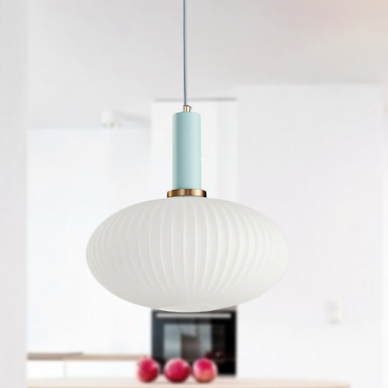 1 Head Dining Room Pendant Light Macaron Black/Pink/Blue Hanging Lamp with Cylinder/Oval/Drum White Glass Shade, 5"/8"/12" Wide Blue 12" Clearhalo 'Ceiling Lights' 'Glass shade' 'Glass' 'Modern Pendants' 'Modern' 'Pendant Lights' 'Pendants' Lighting' 289689