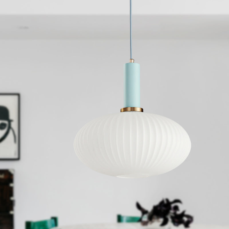 1 Head Dining Room Pendant Light Macaron Black/Pink/Blue Hanging Lamp with Cylinder/Oval/Drum White Glass Shade, 5"/8"/12" Wide Clearhalo 'Ceiling Lights' 'Glass shade' 'Glass' 'Modern Pendants' 'Modern' 'Pendant Lights' 'Pendants' Lighting' 289691