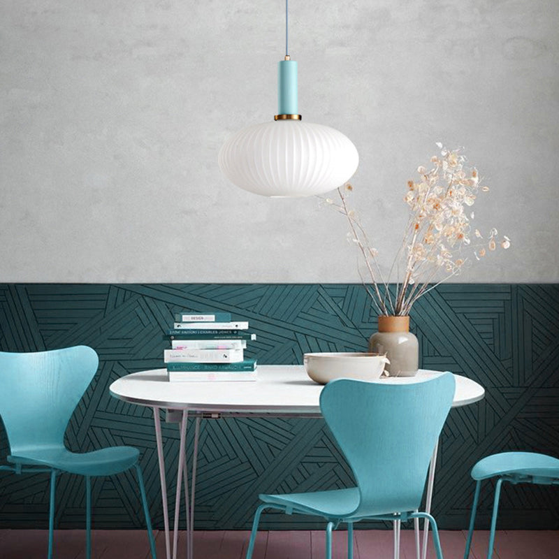 1 Head Dining Room Pendant Light Macaron Black/Pink/Blue Hanging Lamp with Cylinder/Oval/Drum White Glass Shade, 5"/8"/12" Wide Clearhalo 'Ceiling Lights' 'Glass shade' 'Glass' 'Modern Pendants' 'Modern' 'Pendant Lights' 'Pendants' Lighting' 289692