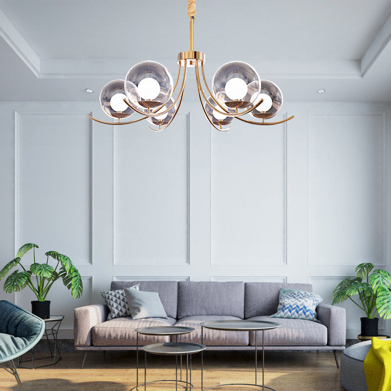 Clear Glass Ball Chandelier Lighting Fixture Modern Style 6/8/10 Heads Golden Hanging Lamp with Curved Arm Clearhalo 'Ceiling Lights' 'Chandeliers' 'Glass shade' 'Glass' 'Modern Chandeliers' 'Modern' Lighting' 289809