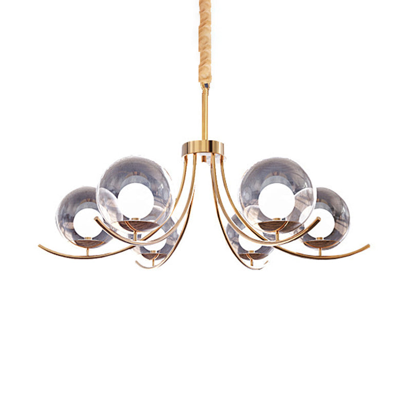 Clear Glass Ball Chandelier Lighting Fixture Modern Style 6/8/10 Heads Golden Hanging Lamp with Curved Arm Clearhalo 'Ceiling Lights' 'Chandeliers' 'Glass shade' 'Glass' 'Modern Chandeliers' 'Modern' Lighting' 289810