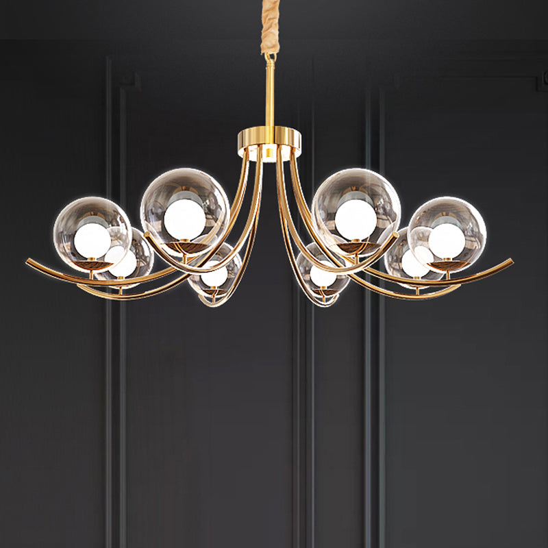 Clear Glass Ball Chandelier Lighting Fixture Modern Style 6/8/10 Heads Golden Hanging Lamp with Curved Arm 8 Gold Clearhalo 'Ceiling Lights' 'Chandeliers' 'Glass shade' 'Glass' 'Modern Chandeliers' 'Modern' Lighting' 289812