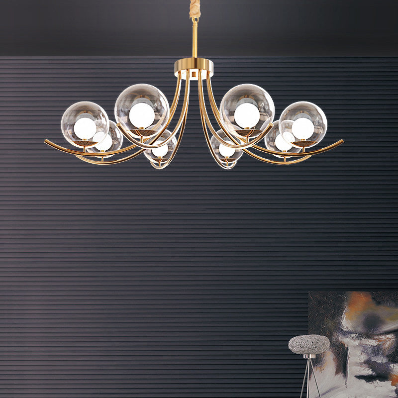 Clear Glass Ball Chandelier Lighting Fixture Modern Style 6/8/10 Heads Golden Hanging Lamp with Curved Arm Clearhalo 'Ceiling Lights' 'Chandeliers' 'Glass shade' 'Glass' 'Modern Chandeliers' 'Modern' Lighting' 289813