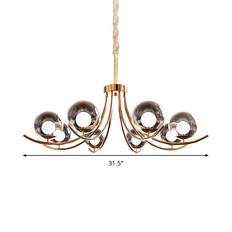 Clear Glass Ball Chandelier Lighting Fixture Modern Style 6/8/10 Heads Golden Hanging Lamp with Curved Arm Clearhalo 'Ceiling Lights' 'Chandeliers' 'Glass shade' 'Glass' 'Modern Chandeliers' 'Modern' Lighting' 289815