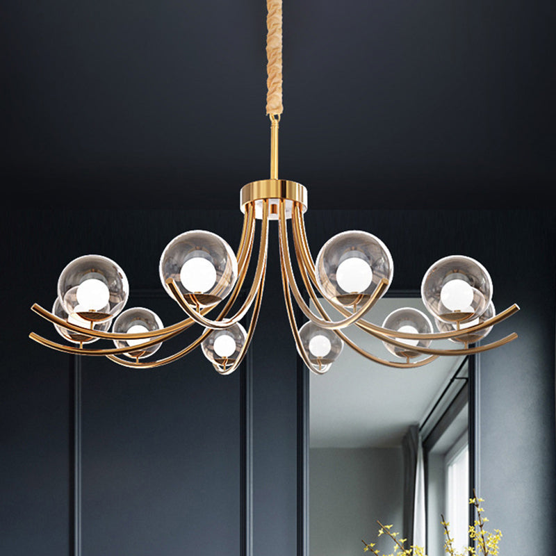 Clear Glass Ball Chandelier Lighting Fixture Modern Style 6/8/10 Heads Golden Hanging Lamp with Curved Arm 10 Gold Clearhalo 'Ceiling Lights' 'Chandeliers' 'Glass shade' 'Glass' 'Modern Chandeliers' 'Modern' Lighting' 289816