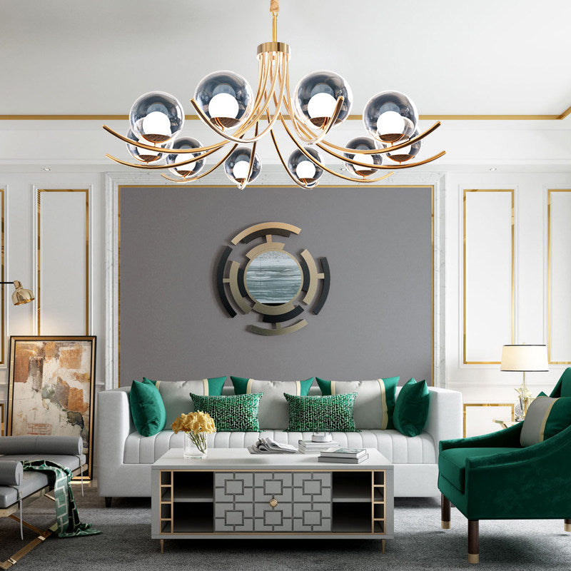 Clear Glass Ball Chandelier Lighting Fixture Modern Style 6/8/10 Heads Golden Hanging Lamp with Curved Arm Clearhalo 'Ceiling Lights' 'Chandeliers' 'Glass shade' 'Glass' 'Modern Chandeliers' 'Modern' Lighting' 289817