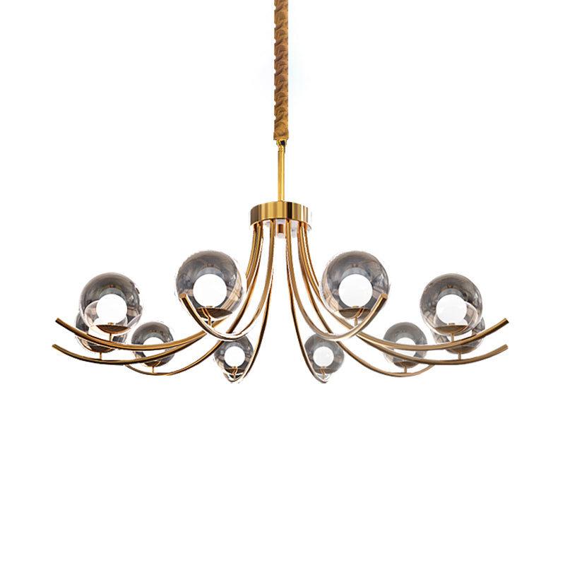 Clear Glass Ball Chandelier Lighting Fixture Modern Style 6/8/10 Heads Golden Hanging Lamp with Curved Arm Clearhalo 'Ceiling Lights' 'Chandeliers' 'Glass shade' 'Glass' 'Modern Chandeliers' 'Modern' Lighting' 289818