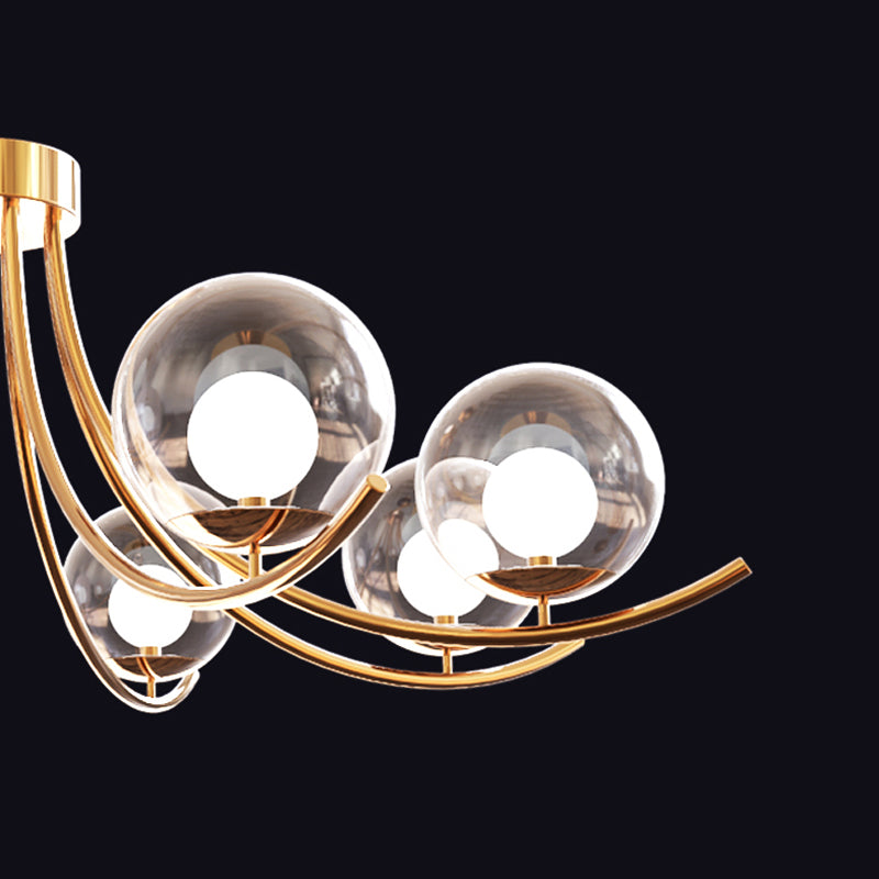 Clear Glass Ball Chandelier Lighting Fixture Modern Style 6/8/10 Heads Golden Hanging Lamp with Curved Arm Clearhalo 'Ceiling Lights' 'Chandeliers' 'Glass shade' 'Glass' 'Modern Chandeliers' 'Modern' Lighting' 289820