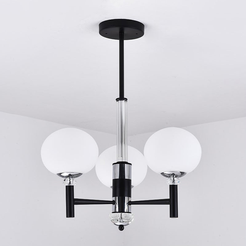 Globe-Shaped Chandelier Pendant Light Modern Style Ivory Glass 3/6/8 Lights Living Room Hanging Lamp in Black 3 Black Clearhalo 'Ceiling Lights' 'Chandeliers' 'Glass shade' 'Glass' 'Modern Chandeliers' 'Modern' Lighting' 289890