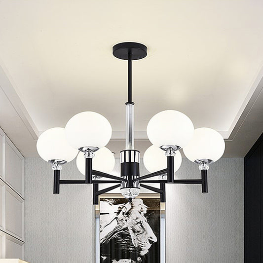 Globe-Shaped Chandelier Pendant Light Modern Style Ivory Glass 3/6/8 Lights Living Room Hanging Lamp in Black 6 Black Clearhalo 'Ceiling Lights' 'Chandeliers' 'Glass shade' 'Glass' 'Modern Chandeliers' 'Modern' Lighting' 289895