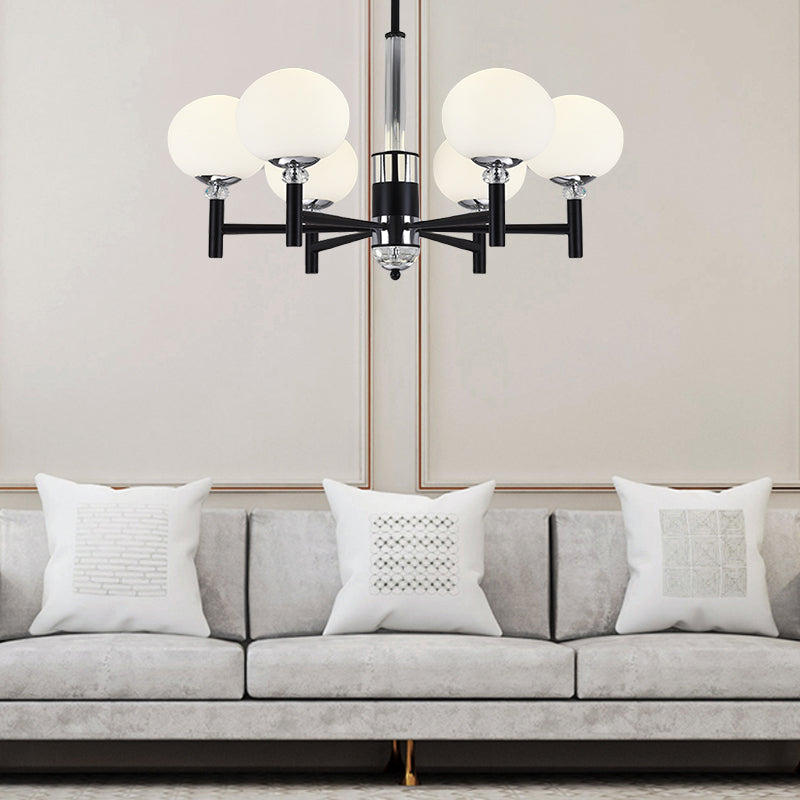 Globe-Shaped Chandelier Pendant Light Modern Style Ivory Glass 3/6/8 Lights Living Room Hanging Lamp in Black Clearhalo 'Ceiling Lights' 'Chandeliers' 'Glass shade' 'Glass' 'Modern Chandeliers' 'Modern' Lighting' 289896