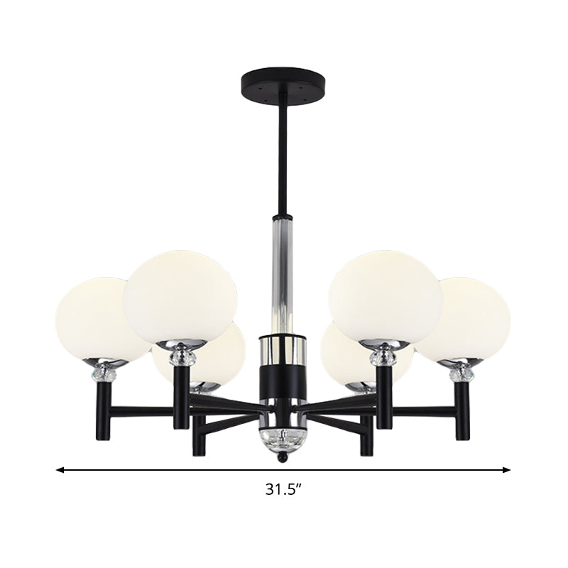 Globe-Shaped Chandelier Pendant Light Modern Style Ivory Glass 3/6/8 Lights Living Room Hanging Lamp in Black Clearhalo 'Ceiling Lights' 'Chandeliers' 'Glass shade' 'Glass' 'Modern Chandeliers' 'Modern' Lighting' 289898