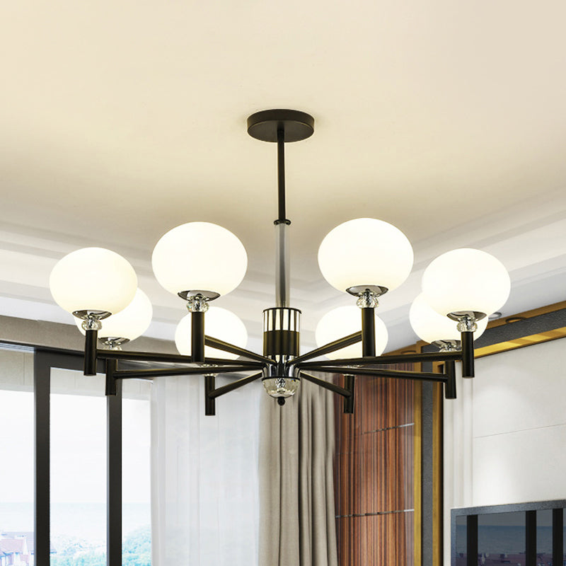 Globe-Shaped Chandelier Pendant Light Modern Style Ivory Glass 3/6/8 Lights Living Room Hanging Lamp in Black 8 Black Clearhalo 'Ceiling Lights' 'Chandeliers' 'Glass shade' 'Glass' 'Modern Chandeliers' 'Modern' Lighting' 289899