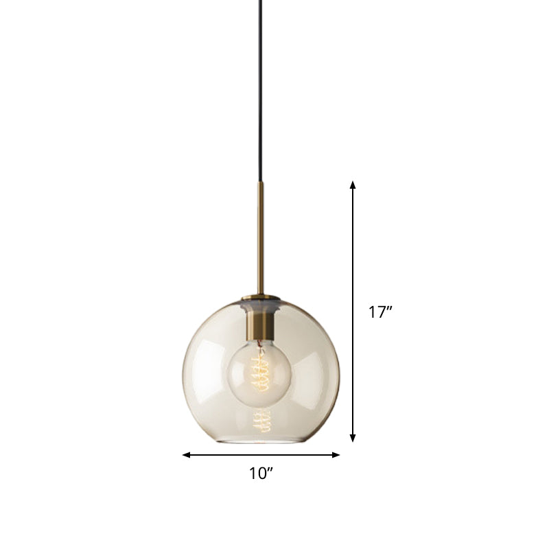 Amber Glass Sphere Pendant Lighting Modern 1 Head 8"/10"/12" Wide Brass Hanging Ceiling Light Clearhalo 'Ceiling Lights' 'Modern Pendants' 'Modern' 'Pendant Lights' 'Pendants' Lighting' 290034