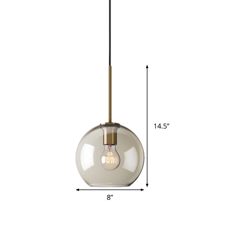 Amber Glass Sphere Pendant Lighting Modern 1 Head 8"/10"/12" Wide Brass Hanging Ceiling Light Clearhalo 'Ceiling Lights' 'Modern Pendants' 'Modern' 'Pendant Lights' 'Pendants' Lighting' 290040