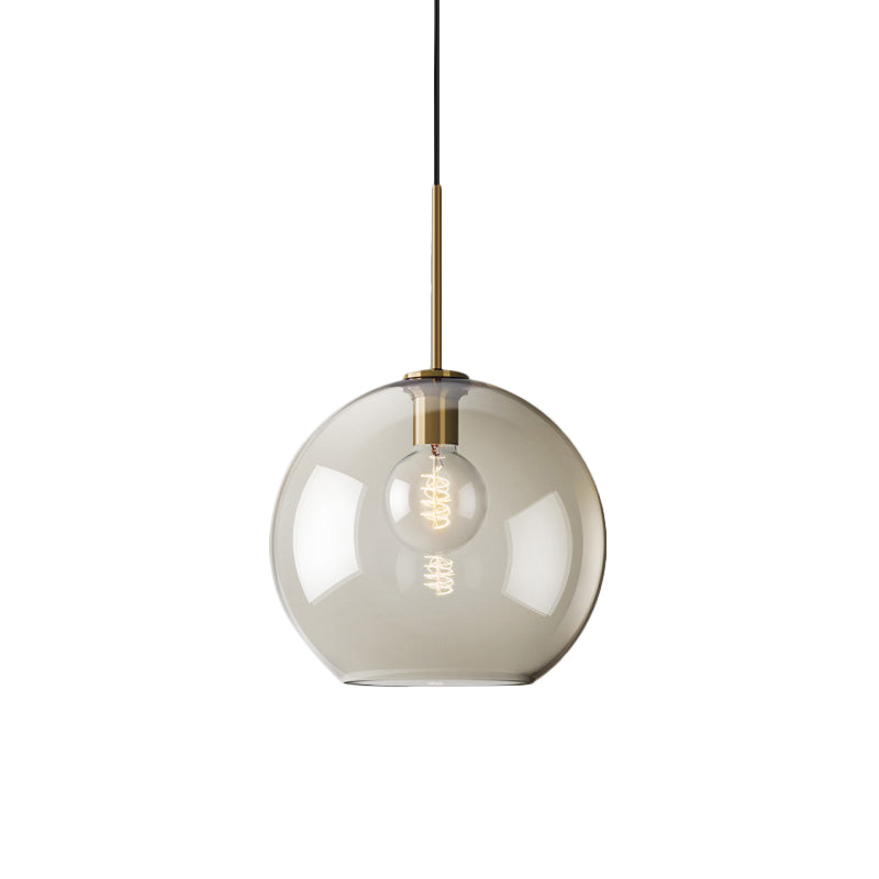 Amber Glass Sphere Pendant Lighting Modern 1 Head 8"/10"/12" Wide Brass Hanging Ceiling Light Clearhalo 'Ceiling Lights' 'Modern Pendants' 'Modern' 'Pendant Lights' 'Pendants' Lighting' 290044