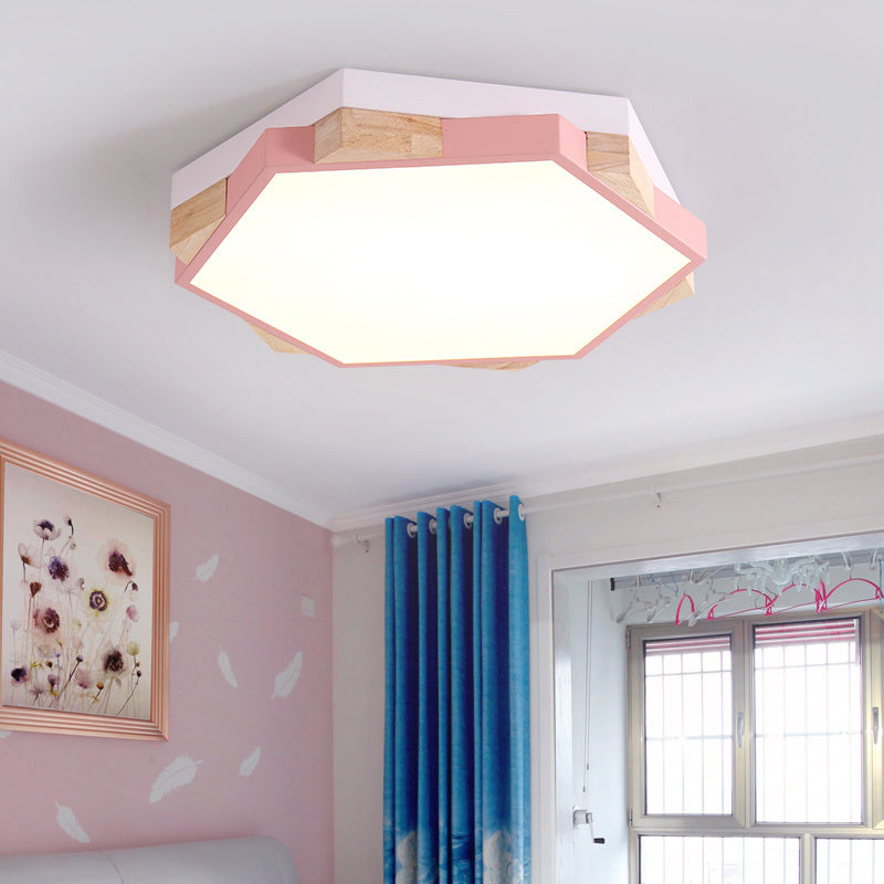 Modern LED Flushmount Pink/Yellow/Blue Hexagon Close to Ceiling Lamp with Metal Shade in Warm/White Light Pink Warm Clearhalo 'Ceiling Lights' 'Close To Ceiling Lights' 'Close to ceiling' 'Flush mount' Lighting' 290110