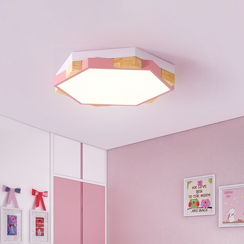 Modern LED Flushmount Pink/Yellow/Blue Hexagon Close to Ceiling Lamp with Metal Shade in Warm/White Light Clearhalo 'Ceiling Lights' 'Close To Ceiling Lights' 'Close to ceiling' 'Flush mount' Lighting' 290111