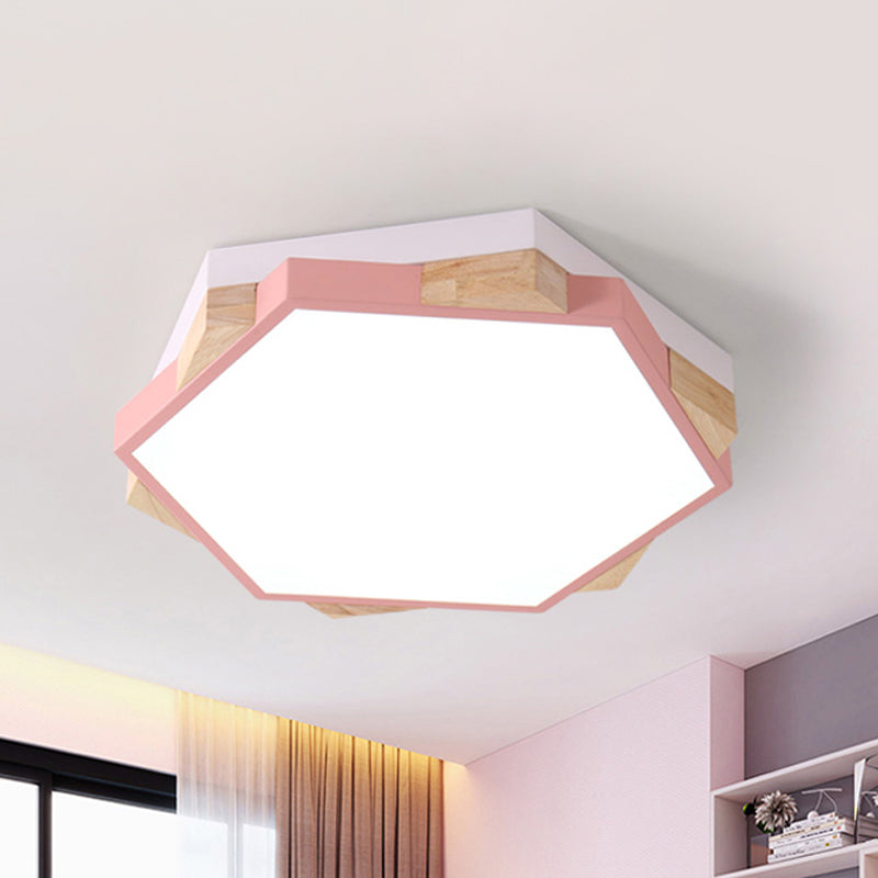 Modern LED Flushmount Pink/Yellow/Blue Hexagon Close to Ceiling Lamp with Metal Shade in Warm/White Light Pink White Clearhalo 'Ceiling Lights' 'Close To Ceiling Lights' 'Close to ceiling' 'Flush mount' Lighting' 290112