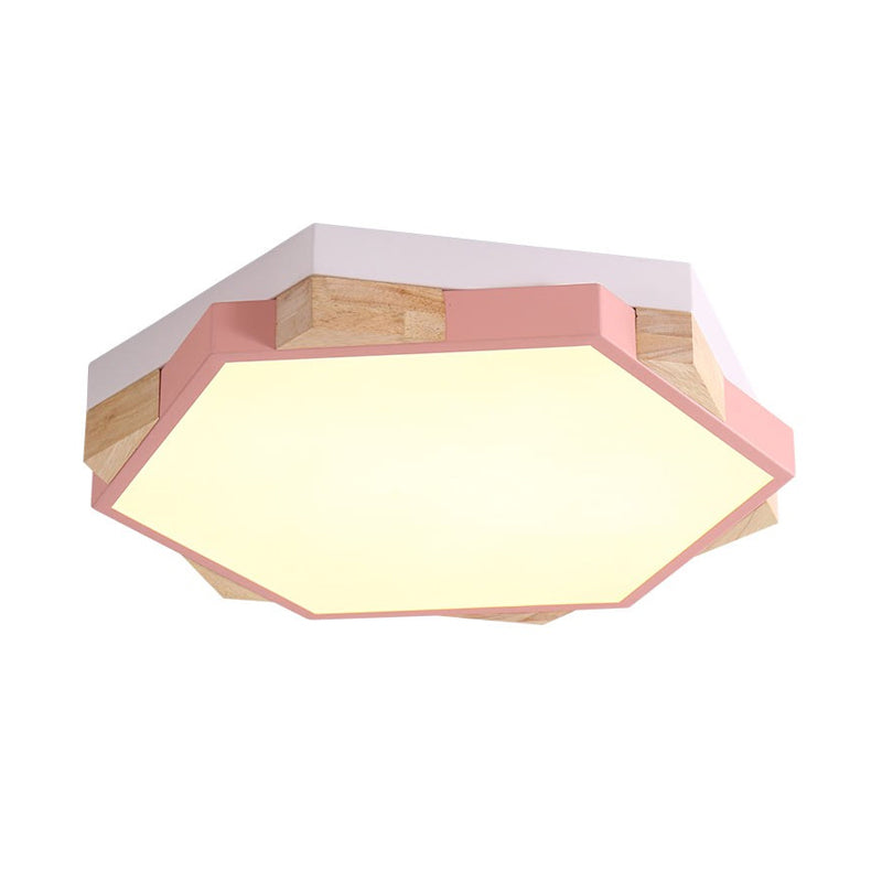 Modern LED Flushmount Pink/Yellow/Blue Hexagon Close to Ceiling Lamp with Metal Shade in Warm/White Light Clearhalo 'Ceiling Lights' 'Close To Ceiling Lights' 'Close to ceiling' 'Flush mount' Lighting' 290113