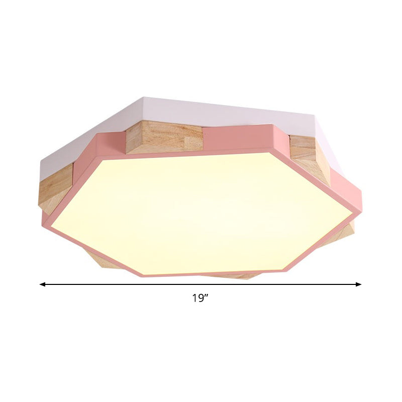 Modern LED Flushmount Pink/Yellow/Blue Hexagon Close to Ceiling Lamp with Metal Shade in Warm/White Light Clearhalo 'Ceiling Lights' 'Close To Ceiling Lights' 'Close to ceiling' 'Flush mount' Lighting' 290114