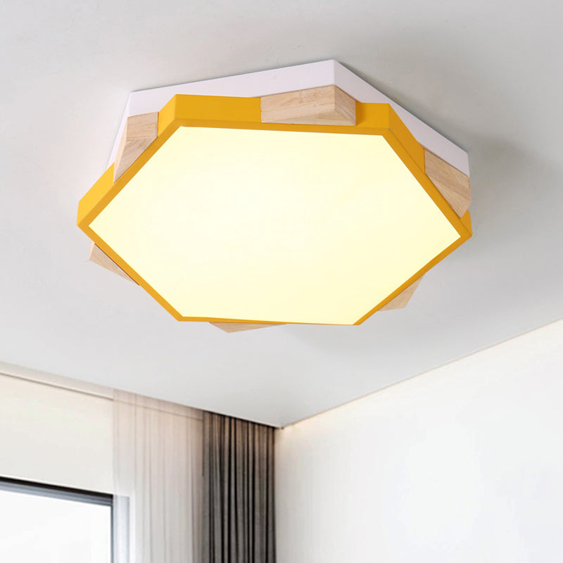 Modern LED Flushmount Pink/Yellow/Blue Hexagon Close to Ceiling Lamp with Metal Shade in Warm/White Light Yellow Clearhalo 'Ceiling Lights' 'Close To Ceiling Lights' 'Close to ceiling' 'Flush mount' Lighting' 290116