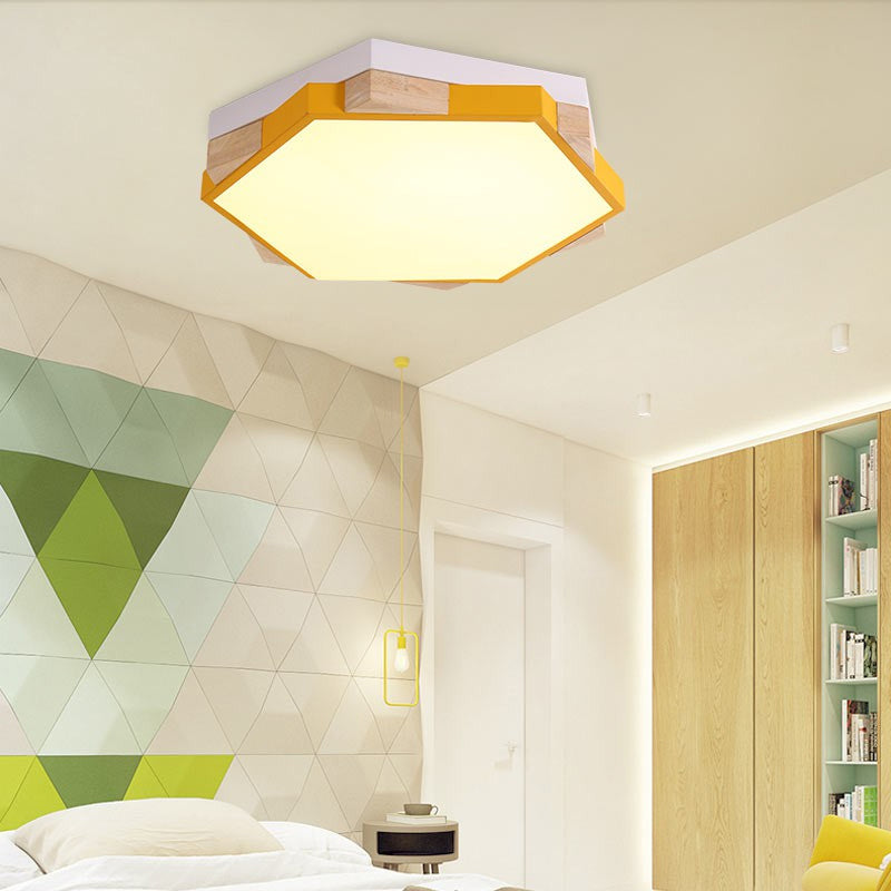 Modern LED Flushmount Pink/Yellow/Blue Hexagon Close to Ceiling Lamp with Metal Shade in Warm/White Light Clearhalo 'Ceiling Lights' 'Close To Ceiling Lights' 'Close to ceiling' 'Flush mount' Lighting' 290117