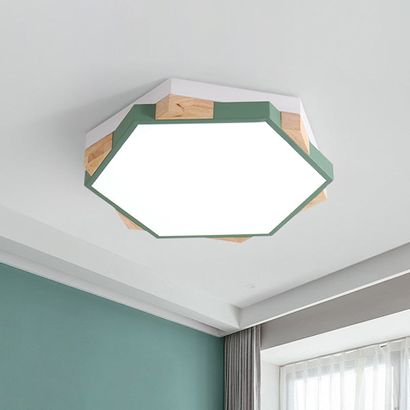 Modern LED Flushmount Pink/Yellow/Blue Hexagon Close to Ceiling Lamp with Metal Shade in Warm/White Light Green White Clearhalo 'Ceiling Lights' 'Close To Ceiling Lights' 'Close to ceiling' 'Flush mount' Lighting' 290120