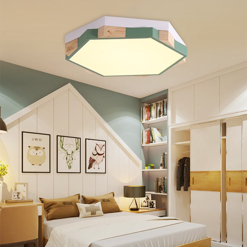 Modern LED Flushmount Pink/Yellow/Blue Hexagon Close to Ceiling Lamp with Metal Shade in Warm/White Light Green Warm Clearhalo 'Ceiling Lights' 'Close To Ceiling Lights' 'Close to ceiling' 'Flush mount' Lighting' 290121