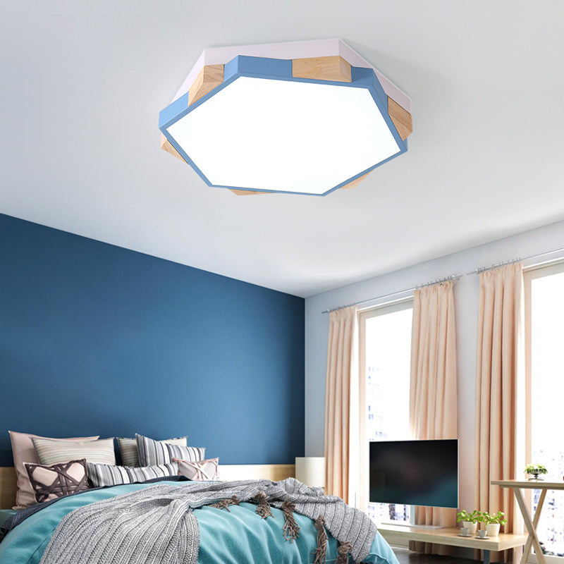 Modern LED Flushmount Pink/Yellow/Blue Hexagon Close to Ceiling Lamp with Metal Shade in Warm/White Light Clearhalo 'Ceiling Lights' 'Close To Ceiling Lights' 'Close to ceiling' 'Flush mount' Lighting' 290125