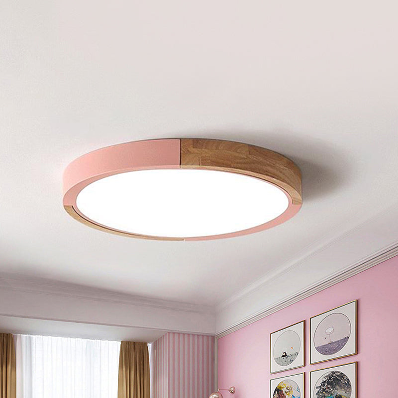 Circle Flush Mount Macaron Acrylic White/Pink/Yellow LED Ceiling Light Fixture in Warm/White Light, 16"/19.5" Wide Pink White Clearhalo 'Ceiling Lights' 'Close To Ceiling Lights' 'Close to ceiling' 'Flush mount' Lighting' 290214