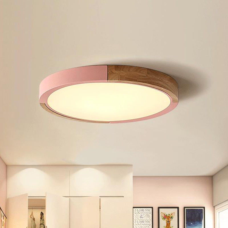 Circle Flush Mount Macaron Acrylic White/Pink/Yellow LED Ceiling Light Fixture in Warm/White Light, 16"/19.5" Wide Pink Warm Clearhalo 'Ceiling Lights' 'Close To Ceiling Lights' 'Close to ceiling' 'Flush mount' Lighting' 290216