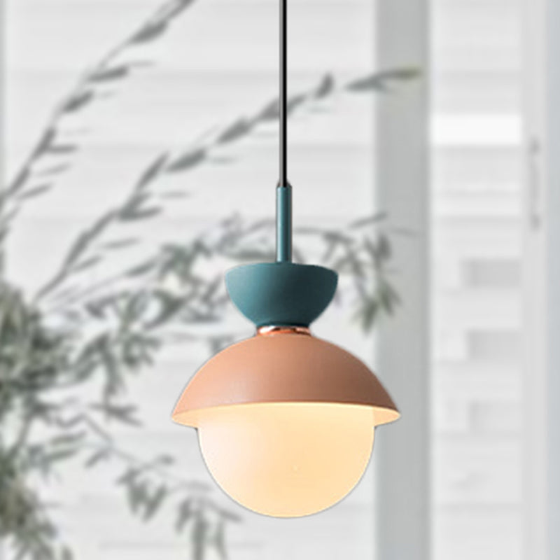 Hourglass Pendant Light Macaron Metal 1 Light Dark Blue and Gray/Dark Blue and Pink/Dark Blue and Pink Hanging Light with Globe White Glass Shade Light Blue Pink Clearhalo 'Ceiling Lights' 'Modern Pendants' 'Modern' 'Pendant Lights' 'Pendants' Lighting' 290488