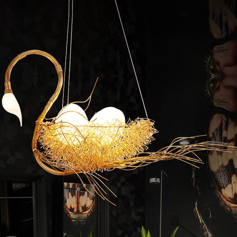 Gold Goose Shape Chandelier Light Postmodern 3 Lights Metal Hanging Light with Egg Design Clearhalo 'Ceiling Lights' 'Chandeliers' 'Modern Chandeliers' 'Modern' Lighting' 290526