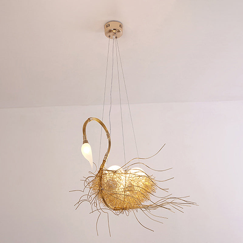 Gold Goose Shape Chandelier Light Postmodern 3 Lights Metal Hanging Light with Egg Design Clearhalo 'Ceiling Lights' 'Chandeliers' 'Modern Chandeliers' 'Modern' Lighting' 290528