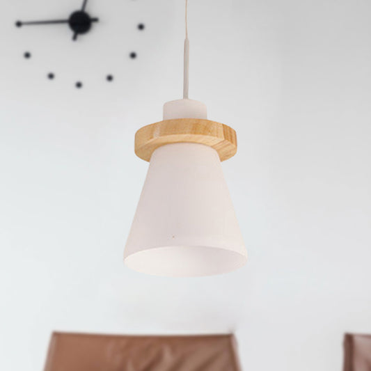 Minimalist Conical White Glass Hanging Light 1 Light Pendant Light with Wood Ring Decoration White Clearhalo 'Ceiling Lights' 'Glass shade' 'Glass' 'Pendant Lights' 'Pendants' Lighting' 290532