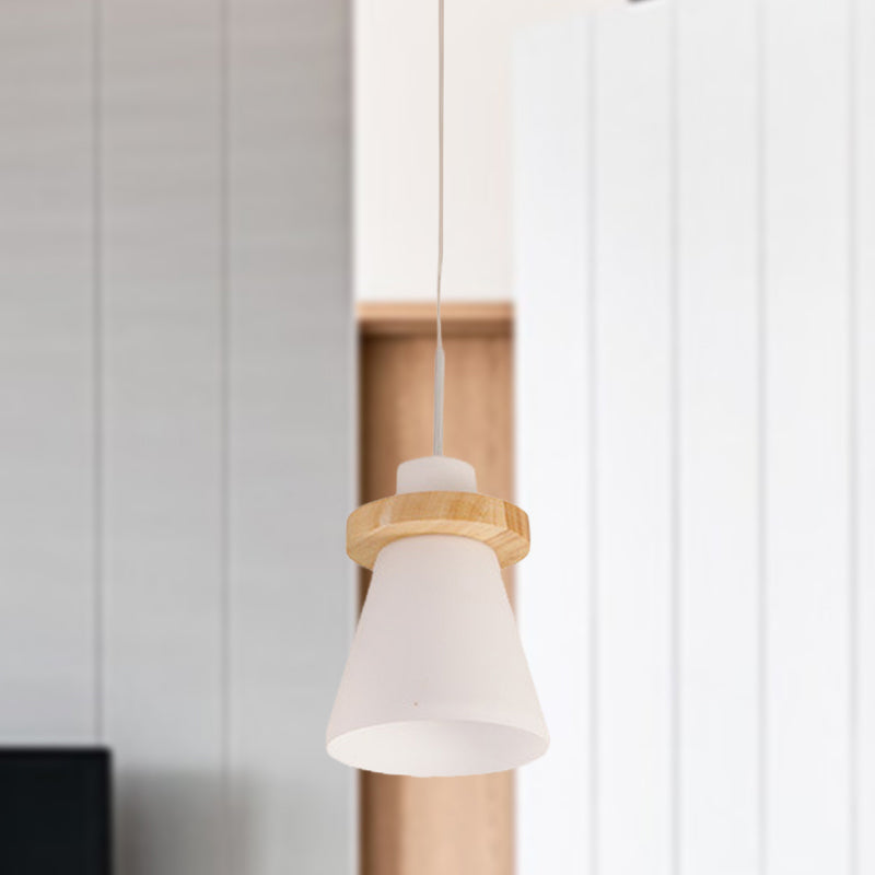 Minimalist Conical White Glass Hanging Light 1 Light Pendant Light with Wood Ring Decoration Clearhalo 'Ceiling Lights' 'Glass shade' 'Glass' 'Pendant Lights' 'Pendants' Lighting' 290534