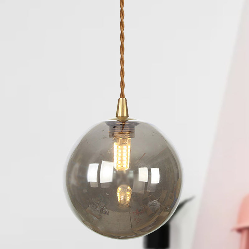 Macaron Globe/Gem Pendant Light Fixture Amber/White/Red Glass 1 Light Suspension Light with Rope for Bedroom Smoke Gray Clearhalo 'Ceiling Lights' 'Close To Ceiling Lights' 'Glass shade' 'Glass' 'Modern Pendants' 'Modern' 'Pendant Lights' 'Pendants' Lighting' 290633