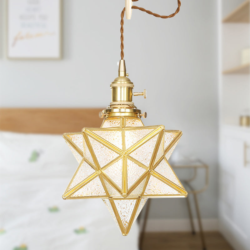 Star Shaped Pendant Lighting Postmodern Clear/Frosted Glass 1 Light Brass Hanging Light Kit with Adjustable Rope Clearhalo 'Ceiling Lights' 'Glass shade' 'Glass' 'Modern Pendants' 'Modern' 'Pendant Lights' 'Pendants' Lighting' 290682