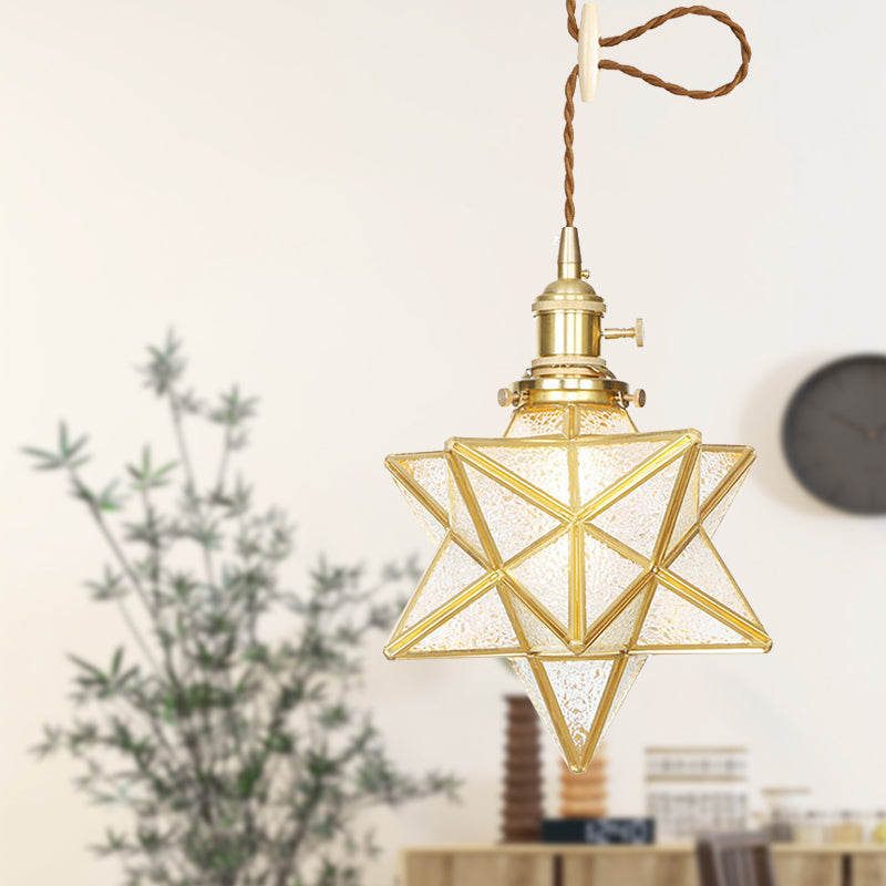 Star Shaped Pendant Lighting Postmodern Clear/Frosted Glass 1 Light Brass Hanging Light Kit with Adjustable Rope Clearhalo 'Ceiling Lights' 'Glass shade' 'Glass' 'Modern Pendants' 'Modern' 'Pendant Lights' 'Pendants' Lighting' 290683