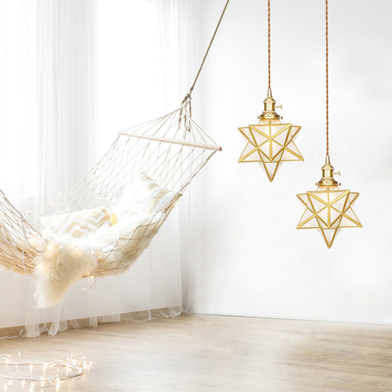 Star Shaped Pendant Lighting Postmodern Clear/Frosted Glass 1 Light Brass Hanging Light Kit with Adjustable Rope Clearhalo 'Ceiling Lights' 'Glass shade' 'Glass' 'Modern Pendants' 'Modern' 'Pendant Lights' 'Pendants' Lighting' 290684