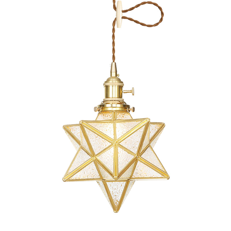 Star Shaped Pendant Lighting Postmodern Clear/Frosted Glass 1 Light Brass Hanging Light Kit with Adjustable Rope Clearhalo 'Ceiling Lights' 'Glass shade' 'Glass' 'Modern Pendants' 'Modern' 'Pendant Lights' 'Pendants' Lighting' 290685