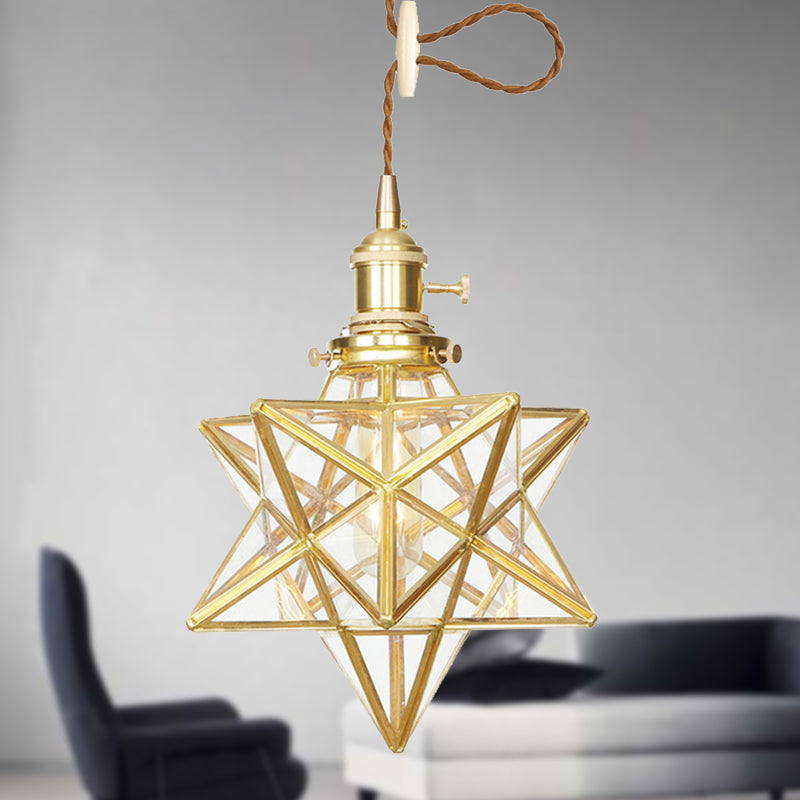 Star Shaped Pendant Lighting Postmodern Clear/Frosted Glass 1 Light Brass Hanging Light Kit with Adjustable Rope Brass Clear Glass Clearhalo 'Ceiling Lights' 'Glass shade' 'Glass' 'Modern Pendants' 'Modern' 'Pendant Lights' 'Pendants' Lighting' 290687