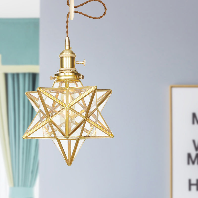 Star Shaped Pendant Lighting Postmodern Clear/Frosted Glass 1 Light Brass Hanging Light Kit with Adjustable Rope Clearhalo 'Ceiling Lights' 'Glass shade' 'Glass' 'Modern Pendants' 'Modern' 'Pendant Lights' 'Pendants' Lighting' 290688